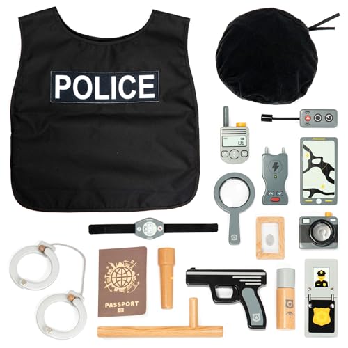 UMU® Kinder Holz Polizei Spielset mit Polizei Kostüm inkl. Polizeimütze, Handschellen, Funkgerät u. v. m., Spielzeug Set zum Rollenspiel, 17 STK der polizeiliche Ausrüstung, für 3, 4, 5 Jahre alt
