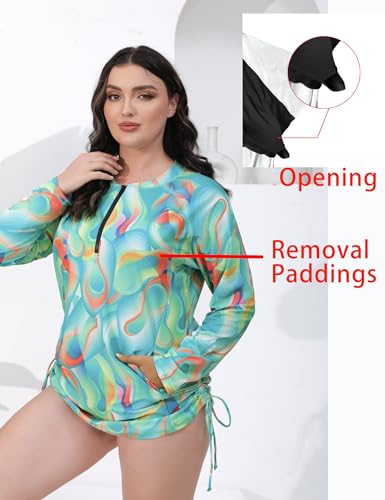 Halcurt Women Plus Size Rash Guard with Bra Pockets Half Zip Side Drawstring Adjustable UPF50 Swim Shirt2