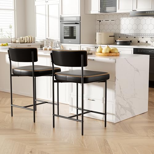 Image of Bar Stools Set of 2, Faux Leather Counter Height Barstools with Curved Back, 25 Inch Upholstered Bar Chairs, Modern Counter Stools for Kitchen lsland, Black