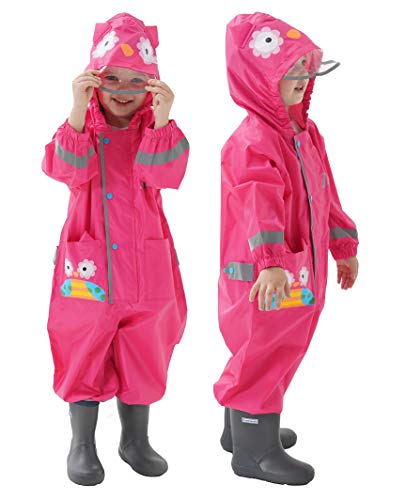 JinBei Puddle Suit for Kids Girls Waterproof Suit All in One Raincoat Lightweight Hooded Portable Breathable Easy to Dry Rainsuit Rainwear for Children Girls 4-6 Years, Rose Red Owl Print