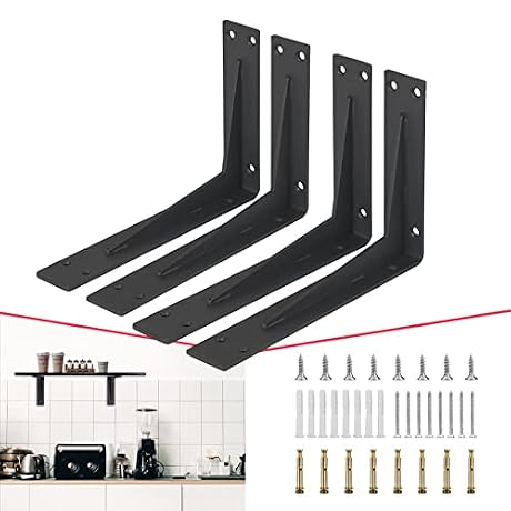 CLT 6" Black Shelf Bracket, 1/5" Thick Heavy Duty Corner Brace, Max Load 220 lbs, Industrial Farmhouse Right Angle Bracket for Tables, Benches & DIY Projects, Pack of 4