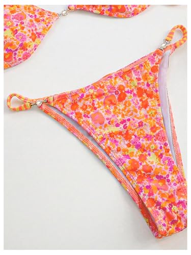 Image of RoseSeek Women's Floral Print Cheeky Bikini Sets Pearl Decor Halter Triangle High Cut String Thong Swimsuits