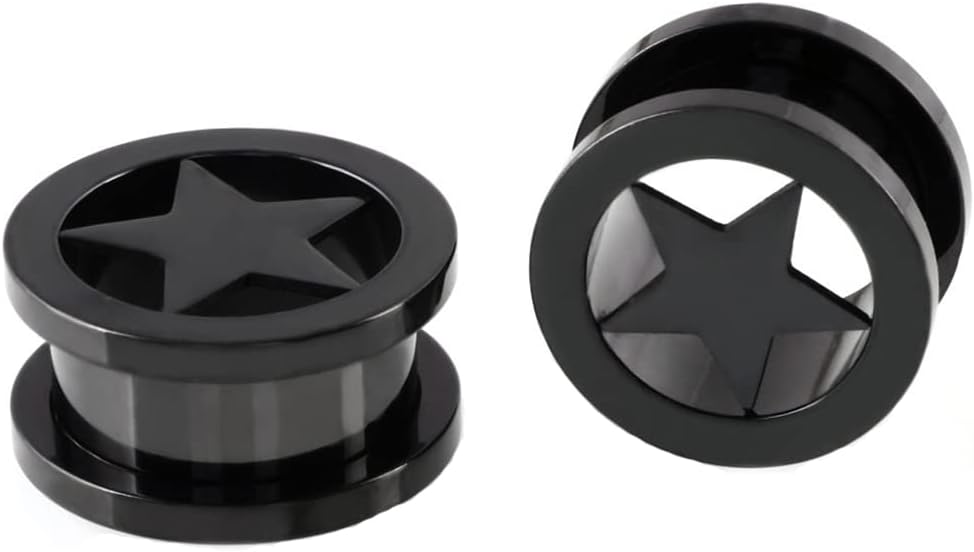IMINIPair of Star Tunnels Plugs Stainless Steel Screw Tunnels Ear Expander Stretcher Piercing Gauges With O-Ring Fashion Punk Black Minimalist Lucky Body Jewelry Gifts for Women Girls Men