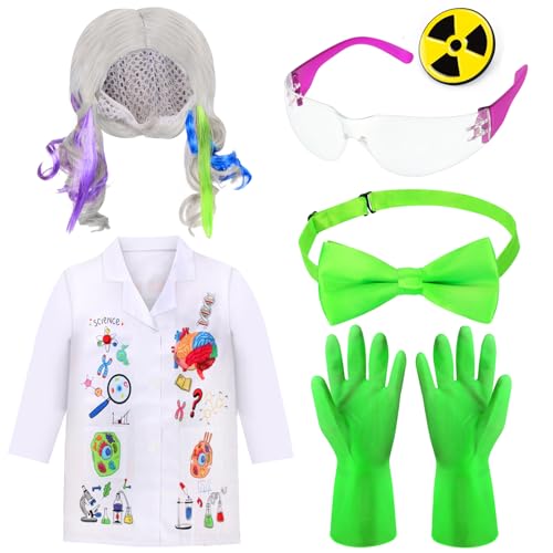Kyson 6 Pieces Mad Scientist Costume for Girls-Crazy Science Lab Coat Wig Goggles Gloves Bowtie Brooch for Halloween Dress Up (Set A)