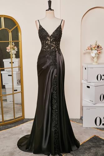 Zeeyecie V-Neck Satin Prom Dresses Lace Applique Spaghetti Straps Mermaid Beaded Evening Formal Ball Gowns with Slit3