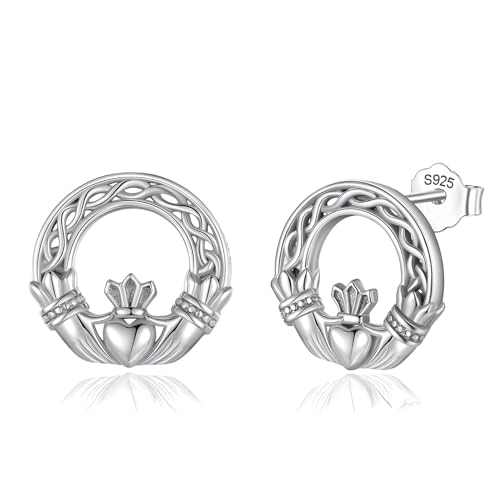 INFUSEU Claddagh Earrings for Women Sterling Silver Teengirls Celtic Knot Stud Post Earrings Irish Circle Jewelry Cute Infinity Love Knot Gifts 925