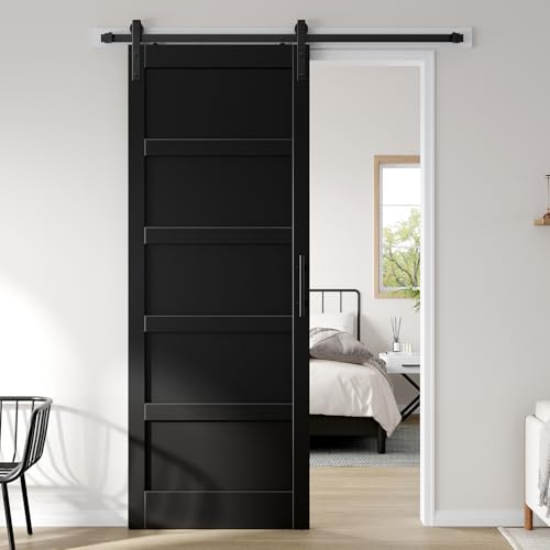 Image of 36x96 inch Black Barn Door,PVC Surface,5-Panel Interior Doors | with 6.6FT MDF Sliding Hardware Kit Included & Handle,DIY Assembly,