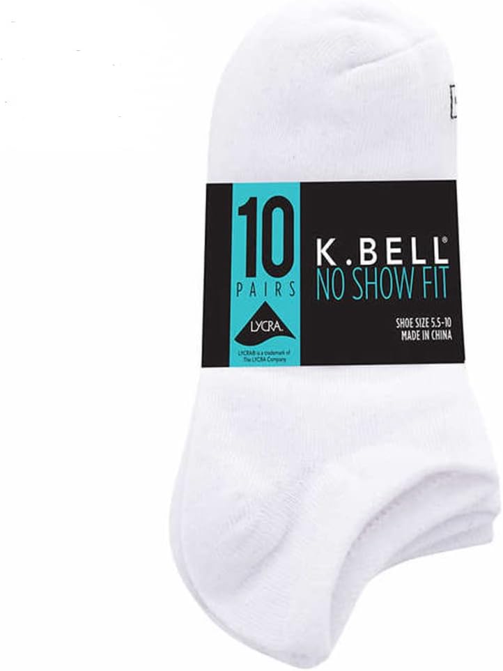 K. Bell Ladies - No Show Sock - 10 Pair Pack (Sock size 4-10, White)