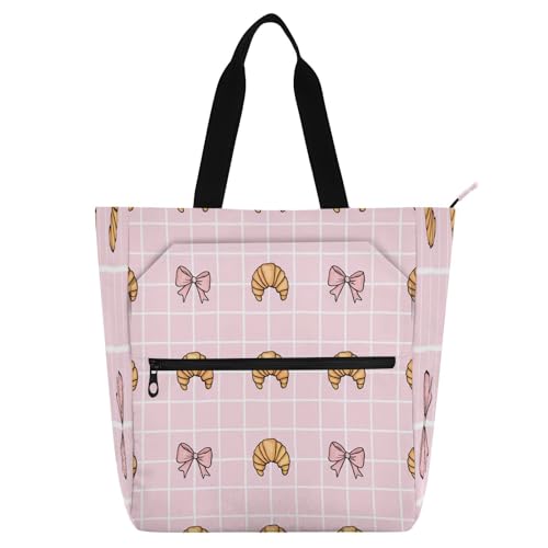 Cute Croissant Book Tote Bag,Large Capacity Handbag with Zipper Perfect for School,Travel,Shopping