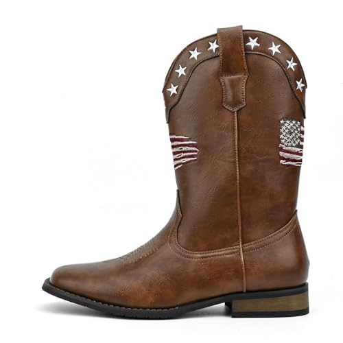 Cowboy Boots for Men Western Boots Square Toe Chunky Heel Mid-Calf Boots Classic Embroidered with Pull on Tabs4