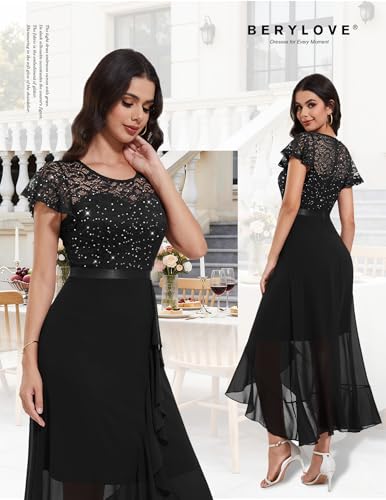 Image of BeryLove Formal Long Dresses for Women Wedding Guest Cocktail Bridesmaid | Airy Lace & Chiffon Evening Gown, Flutter Sleeve, Ideal for Mother of the Bride, Prom, Homecoming Party & Semi-Foraml Events