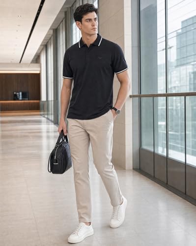 Image of NOBERO Men's Travel Polo T-Shirt | Premium Cotton Stretch Fabric | Anti-Odor & Water-Repellent | UPF 50+ Sun Protection | Regular Fit Polo Collar Casual Wear