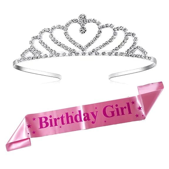 CURATED CARTBirthday Girl Sash and Rhinestone Tiara Set of 2 - Adjustable Pink Sash and Heart Crown Tiara for Girls, Women, Kids, and Adults - Perfect Birthday Accessories for All Ages