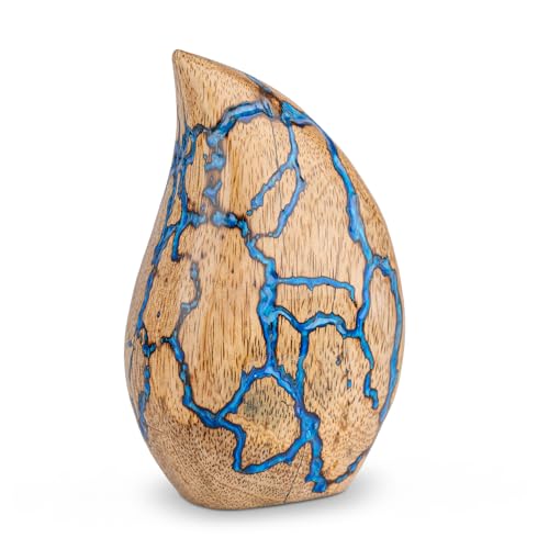 Image of Wooden Teardrop Cremation Urns for Human Ashes - 3 Cubic Inches Funeral Memorial Urn for Women & Men - Blue Decorative Keepsake Burial Urn for Male or Female Memorial Display