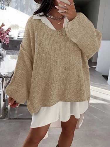 Saodimallsu Womens Oversized V Neck Sweaters Chunky Knit Lantern Long Sleeve Fall Winter Slouchy Tunic Sweater Tops2