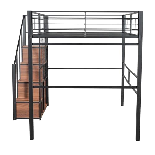 Hochbett 140x200 cm, Kinderbett mit Sicherheitsleiter, Metallbett mit Eisenrahmen und Ablagefläche, Jugendbett Einzelbett mit Lattenrost, Bett für Kinder Jugendliche (Ohne Matratze) Schwarz – Bild 7