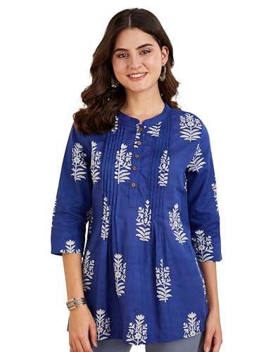 Amazon Brand - Myx Women's Cotton Printed A-line Short Kurti (SS19MYXTP018A1_Indigo_XL)