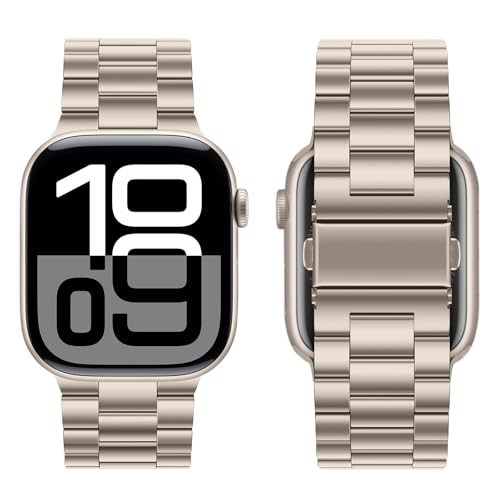 Image of HITZEE Compatible with Apple Watch Band 42 /41 /40 /38mm Business Stainless Steel Metal Strap Men Women Link Bands Compatible for iWatch SE3-1 Series 11 10 9 8 7 6 5-1, 38 /40 /41 /42mm Starlight