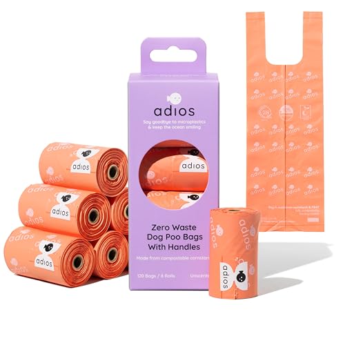 Adios Plastic - Compostable Dog Poop Bags with Handles 120 Count (8 Rolls) - Coral Colour - Extra Thick Leakproof Odour Proof Dog Waste Bags - Made from Compostable Cornstarch - Easy Tear Rolls
