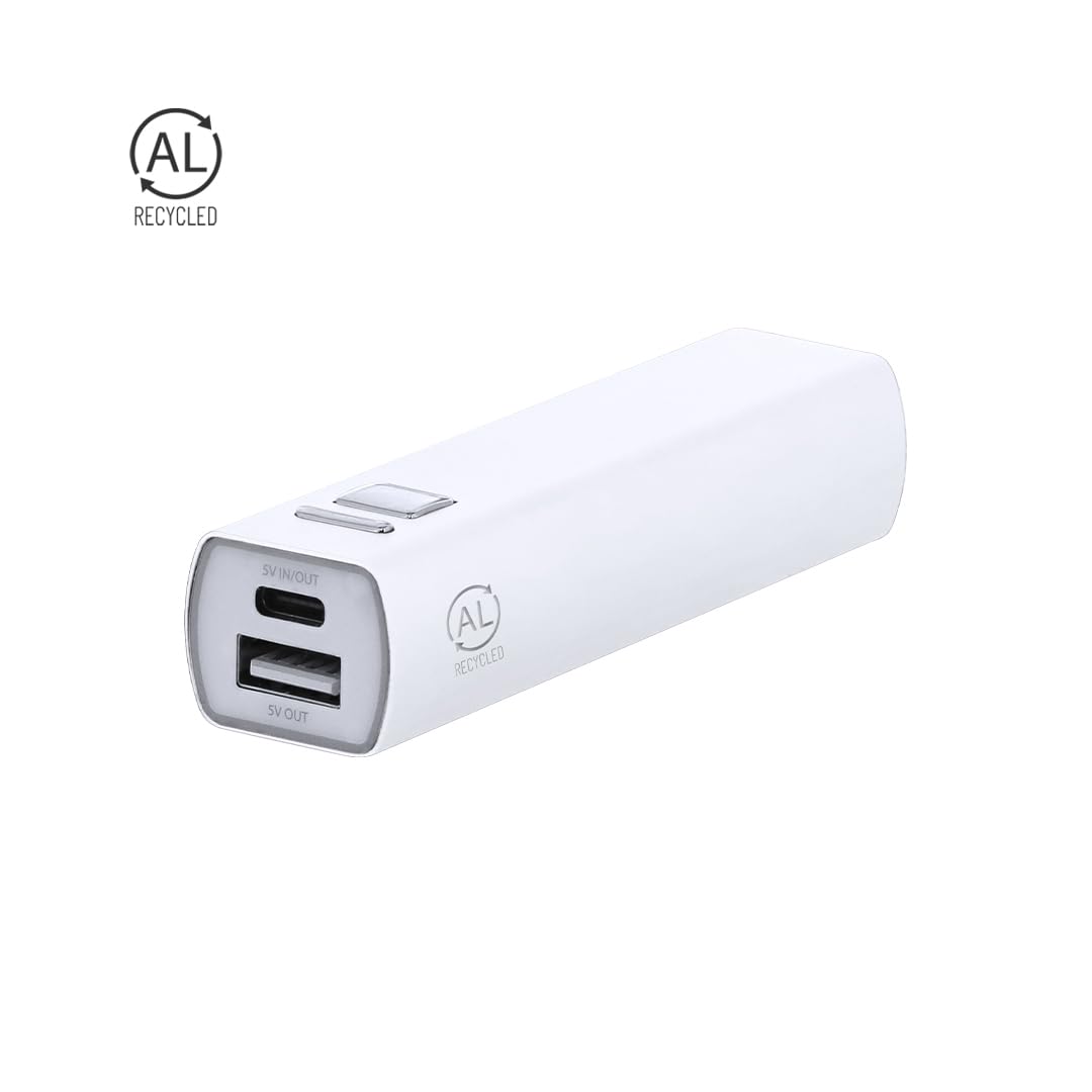 Lote de 10 Power Bank en Aluminio Reciclado. Capacidad de Carga 2600 MAh, con Cable Tipo C Incluido. con botón ON/Off.
