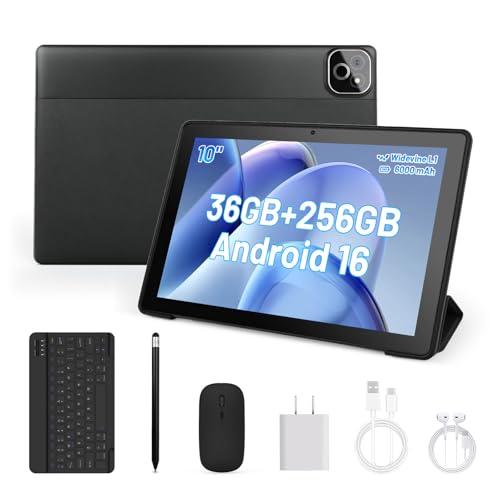 MUISOO Tablet de 10 Pulgadas, Android 16 Tablet con Teclado, Octa Core, 36GB RAM 256GB ROM (1TB TF Expand) Cámara 5MP + 8MP 6000mAh Tablets de PC Touch Pad con Stylus Ratón Auricular y Caja (Negro)