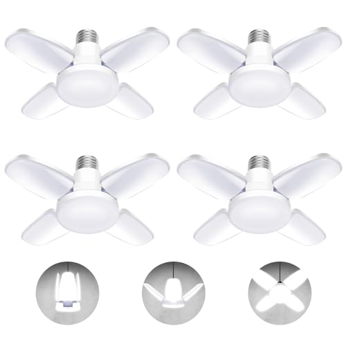 Coomoors LED Garage Lights 4 Pack LED Shop Light with 4 Panels Deformable E26/E27 Ceiling Light 6500k 50W 5000LM Ceiling Led Daylight for Shop Basement Workshop Attic(S-4 Panels-4 Pack)