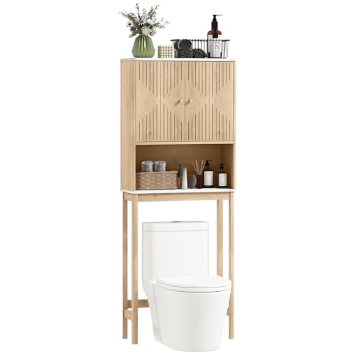 HOMCOM Meuble WC Dessus de Toilette Meuble Toilettes WC Rangement avec Placard à Double Porte, étagère Ouverte, étagère réglable et Barre inférieure...