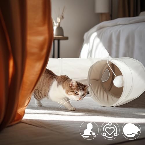 Image of Cat Tunnel, 2-Way Collapsible Cat Tube with Interactive Peek-A-Boo Hole, Toy Ball, and Rope Ideal for Indoor Cats, Kittens, and Rabbits, Beige