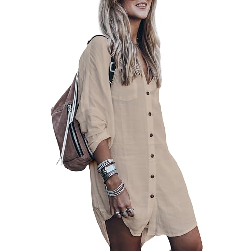 Image of Women's Swimsuit Cover up,Silky Button Down Shirt Midi Dress Kimono,Summer Bathing Suit Beach Coverups for Women (CP-Aline)