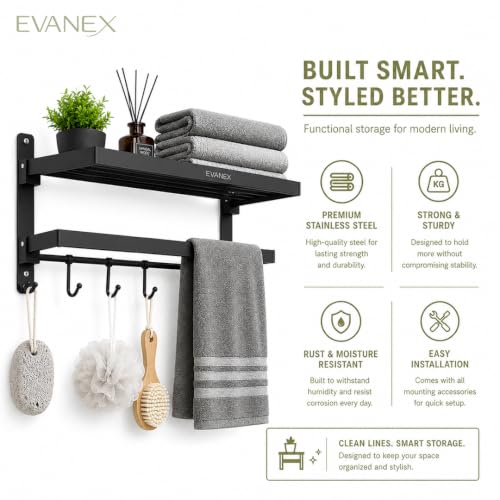 Image of EVANEX Towel Rack for Bathroom 304 Stainless Steel Towel Holder 24 Inch Folding Towel Rack with Shelf Wall Mounted Chrome Finish Black Bathroom Organizer, Bathroom Accessories Set