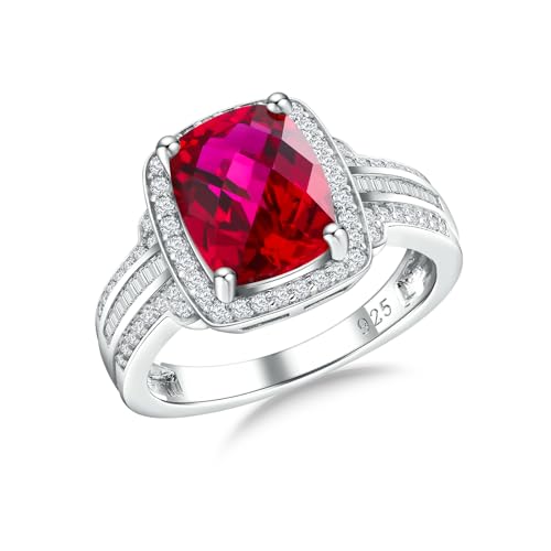 RANDES 925 Sterling Silver Ruby Ring Cushion Cut Engagement Rings for Women