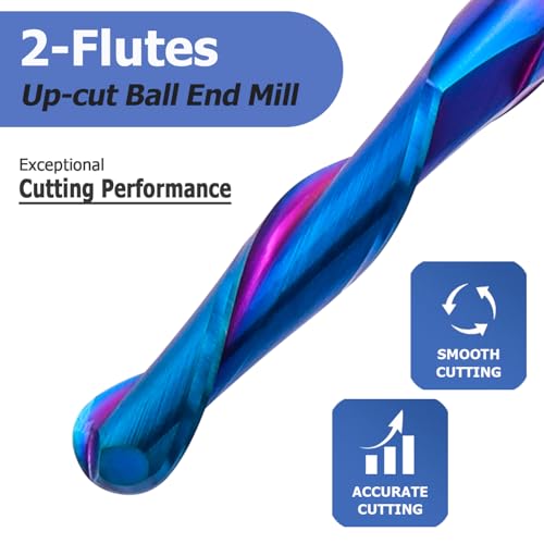 Image of Mesee Ball Nose End Mill CNC Router Bit 1 /4 Inch Shank Carbide Ball Nose Spiral Upcut Router Bit 1-1 /8 inch Cutting Length Nano Blue Coating Ball End Milling Bit Woodworking Carving Tool, 1 /4 inch Cutting Dia