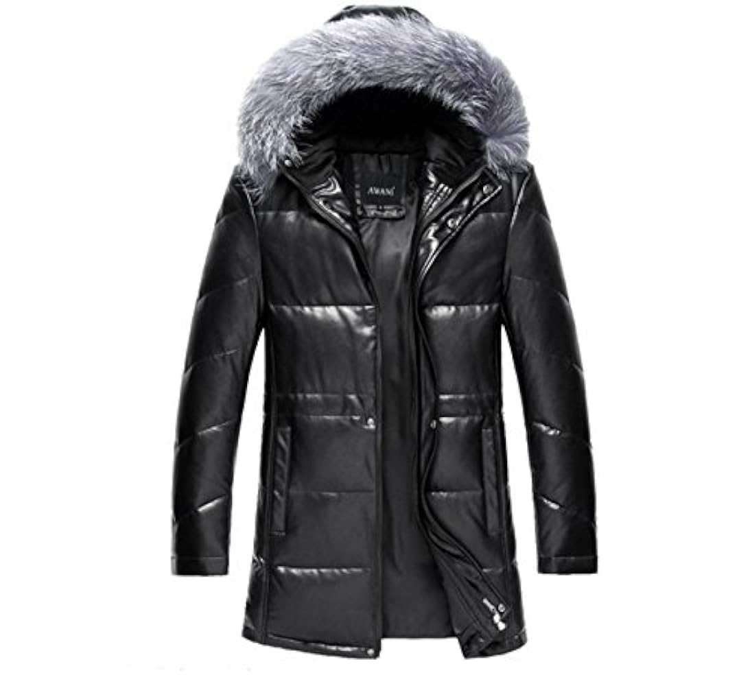 レザー ダウンジャケット ファー付きフード 黒 ミディ丈 f1b13.jpg