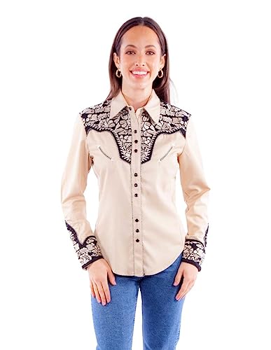 Scully Women's Floral Tooled Embroidered Long Sleeve Western Shirt - PL-654-TAN Medium US