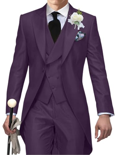 Men's Tailcoat Suit,Mens Tuxedo 3 Piece Slim Fit Suits Double Breasted for Men Summer Wedding,Proms,Concert,Dark Purple,XL