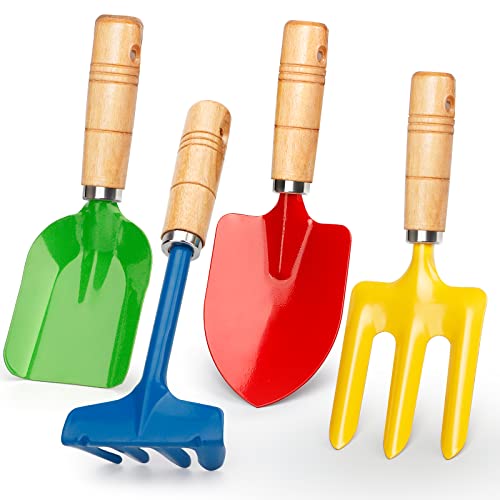 Metal Garden Tool Set with Scoop Leaf Rake Weed Fork Hoe Sand Toy for Kids Adults, Toddler Beach Sandbox Shovels Kit, Beach Garden Gear Accessories Gift for Outdoor Digging Treasure Hunt(4PCS)