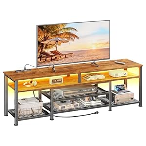 Furologee TV Stand with Power Outlets and LED Lights, 63 Inch Entertainment Center for 60 65 70 Inch TVs, Media Console Table with Open Shelves, for Bedroom, Living Room, Rustic Brown