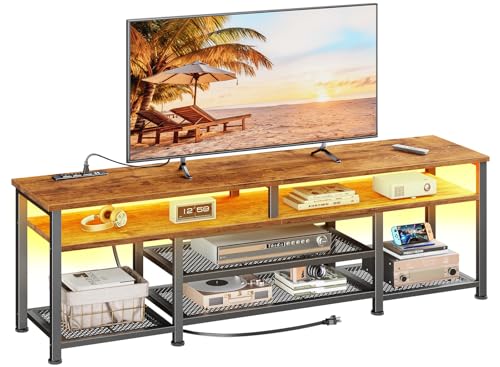 Furologee TV Stand with Power Outlets and LED Lights, 63 Inch Entertainment Center for 60 65 70 Inch TVs, Media Console Table with Open Shelves, for Bedroom, Living Room, Rustic Brown