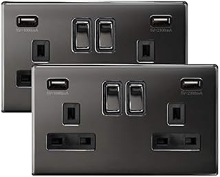2 x Black Nickel USB Double Wall Plug Socket 2 Gang 13A with 2 USB Charger Port Outlets Socket Plate N776GME