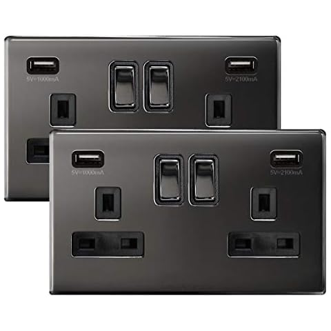 2 x Black Nickel USB Double Wall Plug Socket 2 Gang 13A with 2 USB Charger Port Outlets Socket Plate N776GME Cover