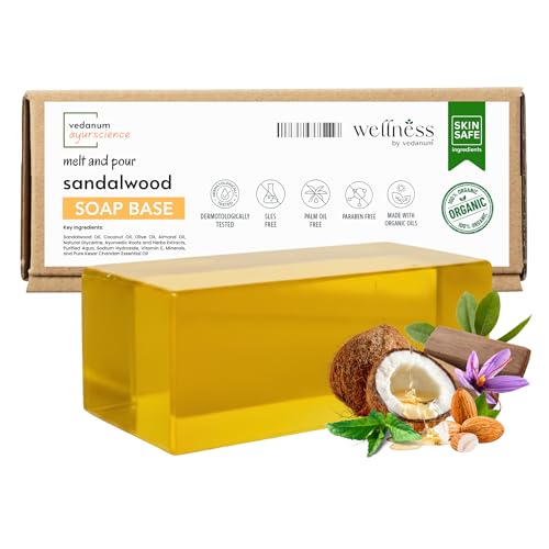 Image of VEDANUM Ayurscience 100% Natural and Organic Sandalwood Soap Base - 800 Gm | Handmade Soap Making | Vitamin E | SLES Free | pH Skin Friendly | Lab Tested