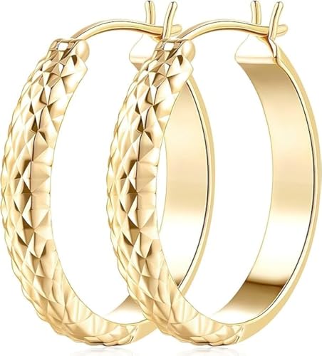 14K Gold Hoop Earrings for Women Gold Earrings Trendy Chunky 14 Karat Hoop Earring for Women Unique Pattern Womens Earring 25mm