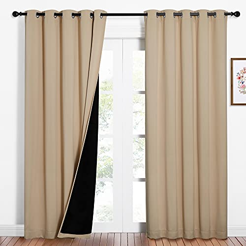 Image of NICETOWN Living Room Completely Shaded Draperies, Privacy Protection & Noise Reducing Ring Top Drapes, Black Lined Insulated Window Treatment Curtain Panels(Biscotti Beige, 2 Pieces, W62 x L84)
