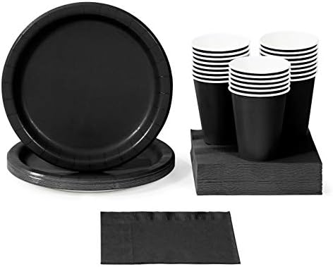 Black Party Supplies, Bundle for 48 People Plates Napkins and Cups, Box of 146 Pieces