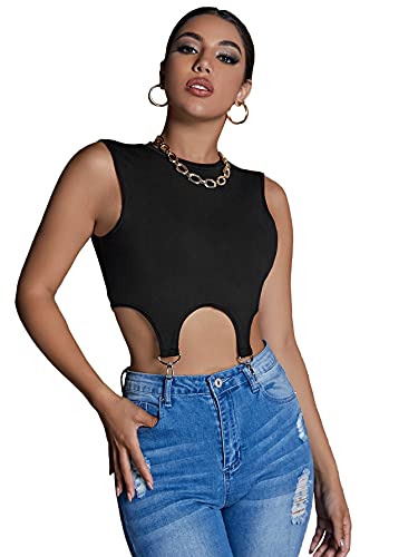 Verdusa Women s Asymmetrical Hem Cut Out D Ring Sleeveless Crop Tank Top Black S