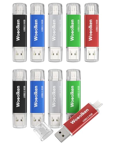USB C Flash Drive 8GB 10 Pack, Wooolken Type-C Flash Drive + USB 2.0 Thumb Drive OTG USB Drive Compatible with iPhone 16/15, Android Smartphone/Tablets/Computers