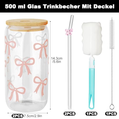 Miniatura 2 de Mssushi 2 Piezas Tazas De Café De Cristal, 500ml Vasos De Vidrio Con Tapa Y Pajita, Diseño De Lazo De Mariposa, Taza De Café Helado Reutilizable, Para Cócteles, Whisky, Café, Zumos Rosa Lazo