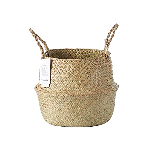 ヨークダック織りシーグラスベリーバスケット、ハンドル付き、織り植物ポットホルダー (大（13 In，32cm）)