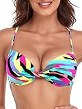 RELLECIGA Women's Neon Striped Push Up Bikini Top Twist Fron...