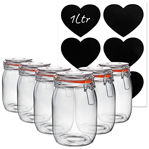 Argon Tableware Glass Storage Jars with Labels - Vintage Food Preserving Container - Clip Lid - 1 Litre - Orange, White, Clear & Black Seals - Pack of 6